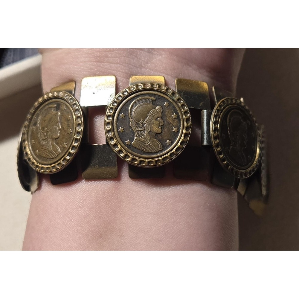 Vintage Brass Athena Coin Medallion Panel Link Bracelet Antiqued Roman Style